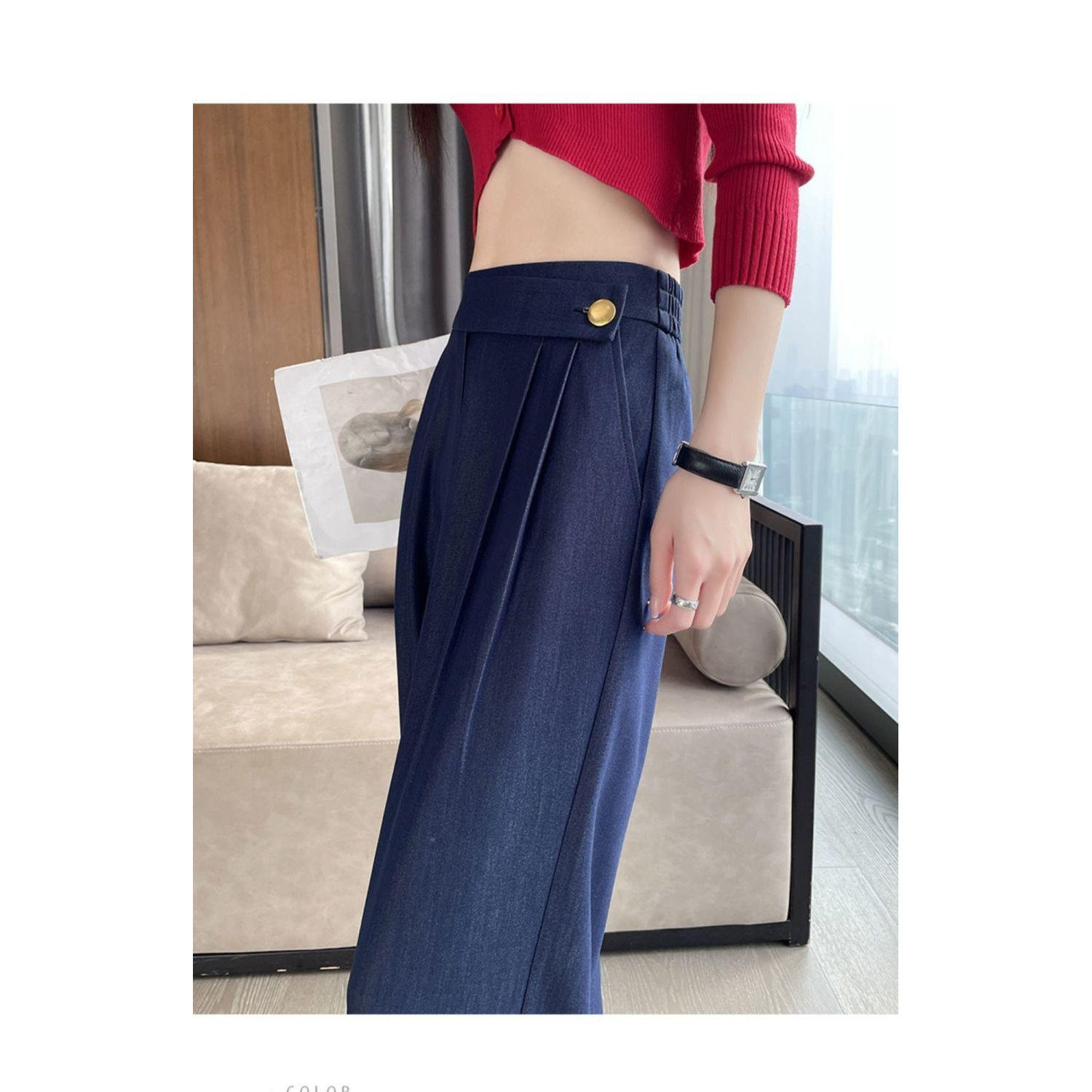 天丝牛仔裤女夏薄款2026新款直筒高腰垂感梨型身材西装冰丝阔腿裤
