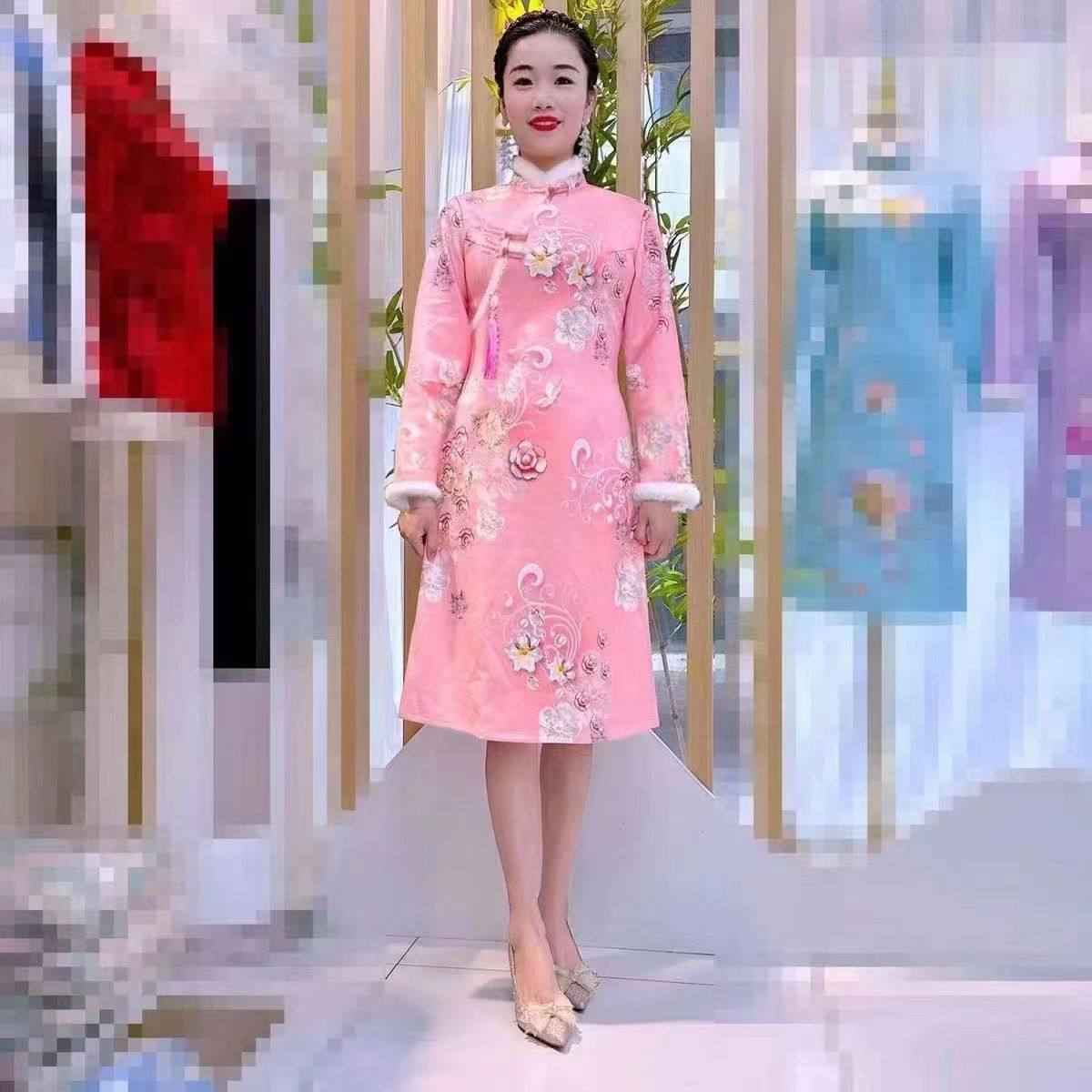 秋冬新款中国风加绒加厚改良旗袍上衣中老年中长款遮肚显瘦连衣裙