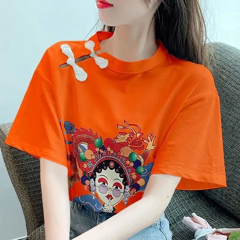 短袖女体恤衫中国风印花t恤夏季设计感宽松民族风复古盘扣上衣女