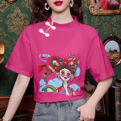 复古盘扣设计感新中式T恤女2026夏小个子季圆领别致印花短袖上衣