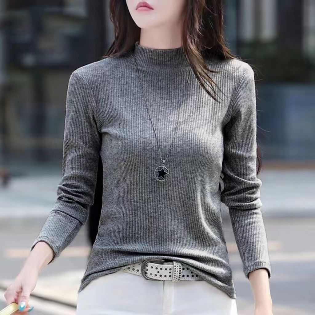半高领德绒加厚长袖t恤女秋冬季新款纯色修身打底衫中领内搭上衣