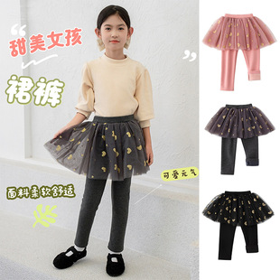 女童裤裙秋冬季新款儿童网纱假两件一体连裤裙裤打底裤外穿小宝宝