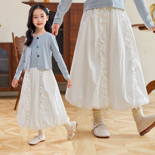 童装法式气质木耳边灯笼半身裙白色女童2025春秋款宽松百搭中长裙