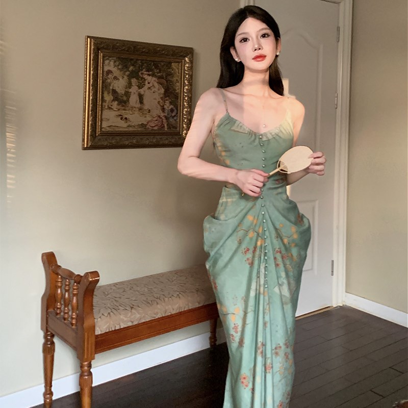 速发式绿od Job【青鸾】新中G复古国风禅意连衣裙收腰o色气质吊带