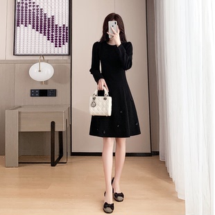 修身 新款 显瘦气质高级长裙小黑裙 重工黑色连衣裙女2025年秋季 法式