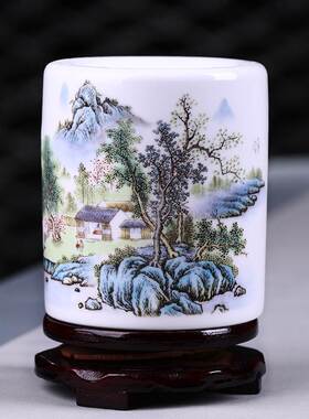 速发中式办公室书房桌导摆件高档大气领陶面瓷毛笔笔筒高级感装饰