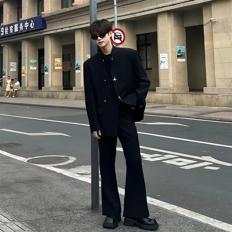 速发新中式垫肩中山装男青少年高级感立领休闲小西服国风痞帅小码