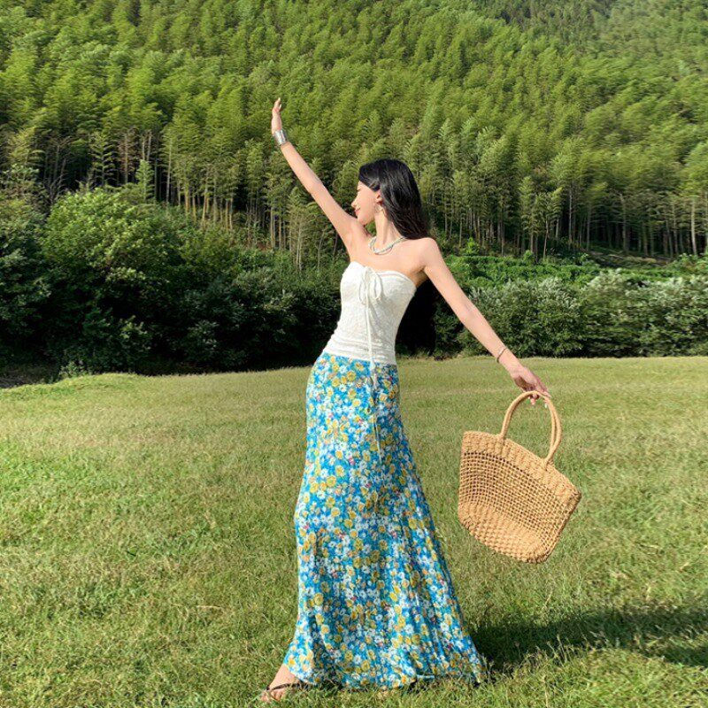 速发海边度假风旅游穿搭套件抽色抹胸上衣蓝绳碎花半身裙两装套裙