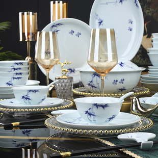 陶瓷盘碗 家用中式 速发釉组碟 景德镇手绘高岭土餐具青瓷碗彩套装