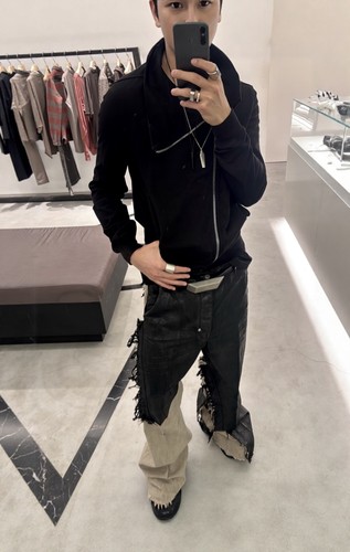 DUJIA 25SS暗黑RO风格蜡面拼色牛仔裤男女同款宽松直筒阔腿拖地裤