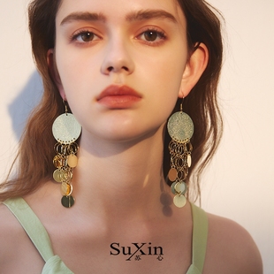 苏心金色亮片秋冬轻奢长款流苏耳环女新款爆款高级感耳钉夸张耳饰