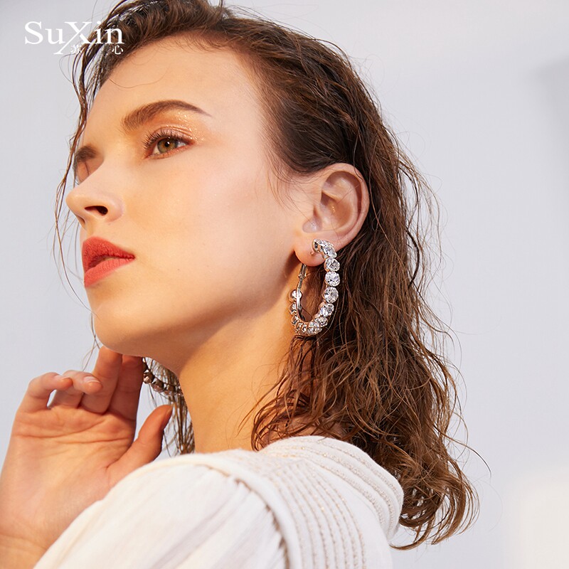 苏心人造锆石圆环耳钉欧美夸张大耳环女气质个性时尚925银针耳饰