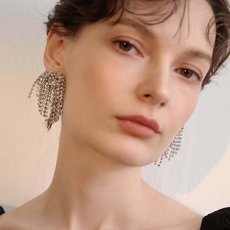 苏心烟花水钻流苏耳环