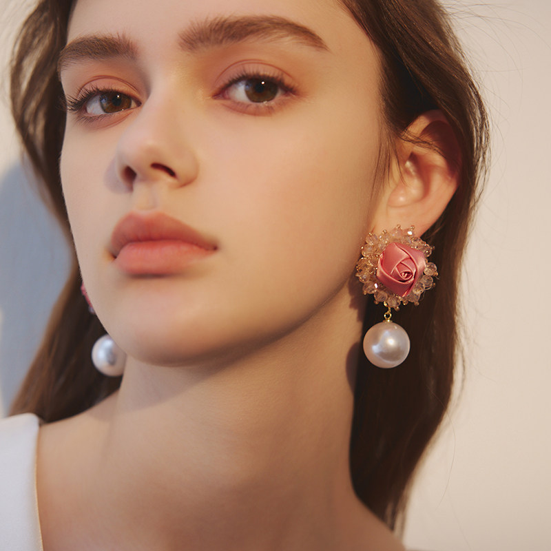 法式粉色玫瑰花水晶珍珠耳环大花朵耳钉度假风高级优雅氛围感耳饰,饰品/流行首饰/时尚饰品新,耳环,淘宝优惠券,粉丝福利购,淘宝优惠卷