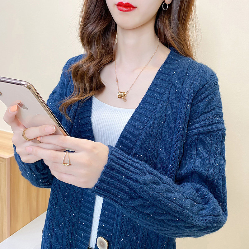 秋装2020年新款女V领韩版纯色亮片针织开衫女秋冬女士上衣短外套