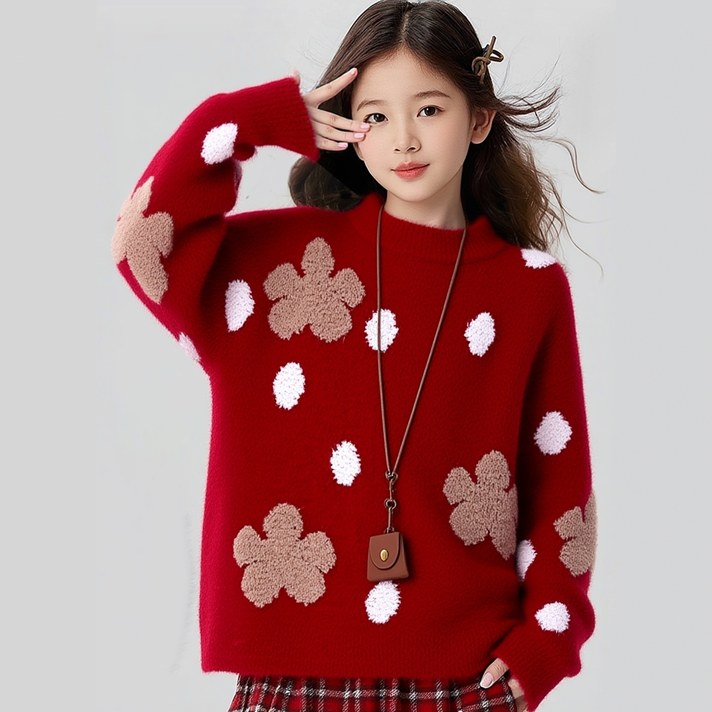 女童圆领红色毛衣2025圣诞
