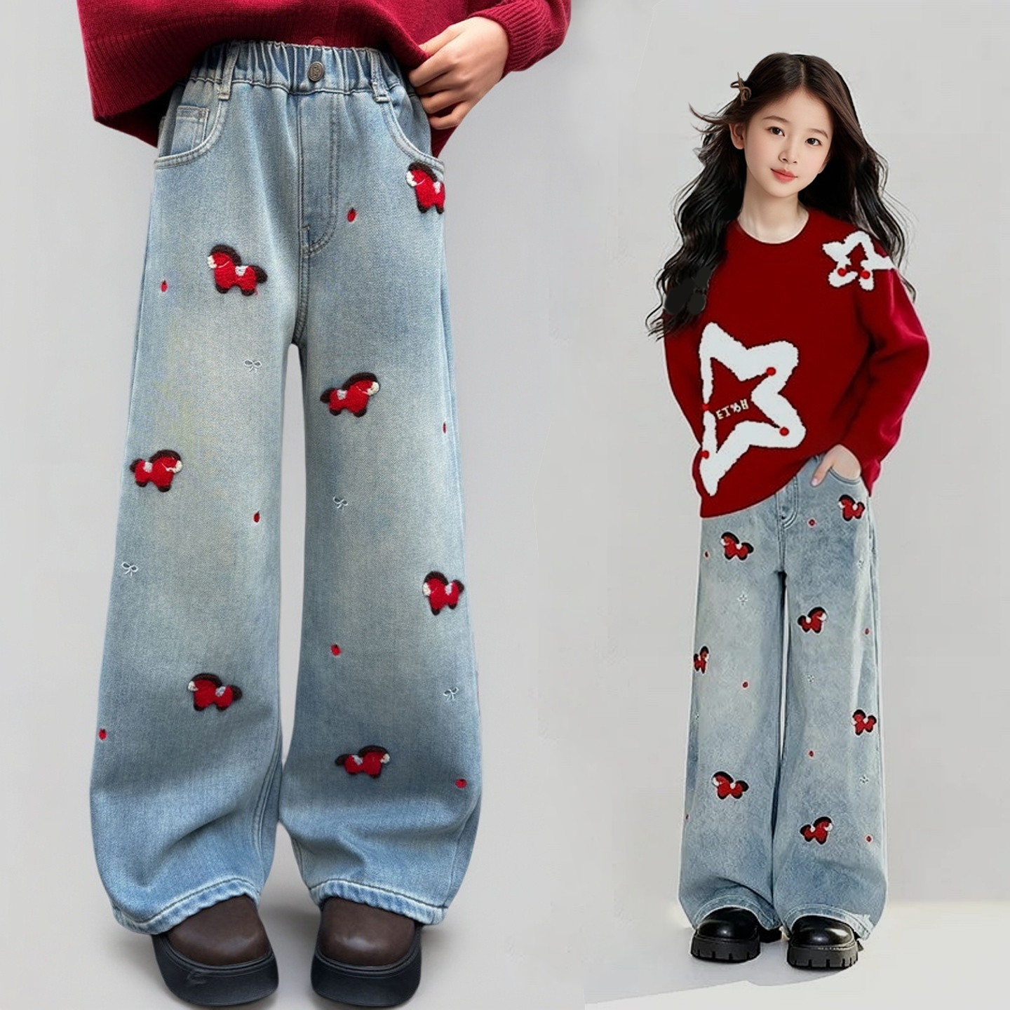 女童一体绒加厚刺绣牛仔裤