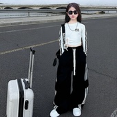 2025秋季 长袖 新款 女童织带伞兵拖地卫裤 中大儿童修身 短款 T恤套装