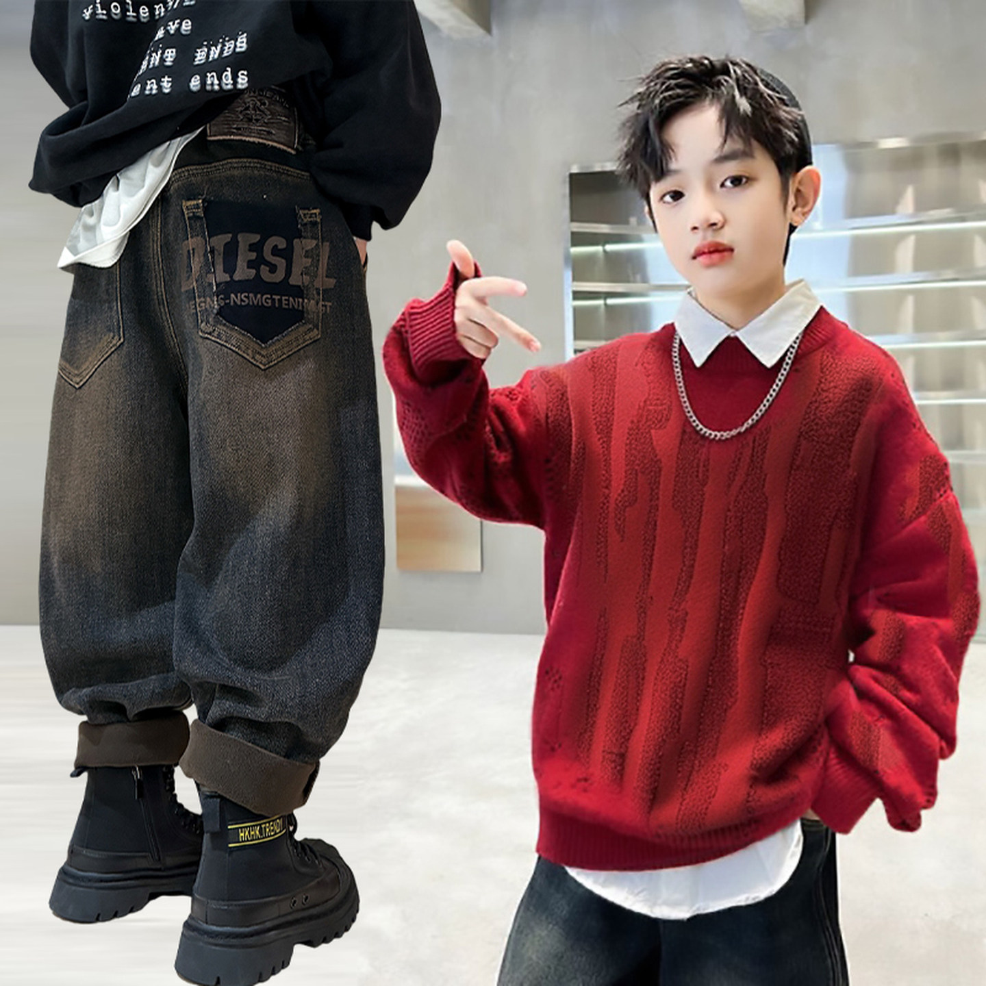 男童毛衣红色儿童过年拜年服2025新款男孩冬季一体绒牛仔裤两件套