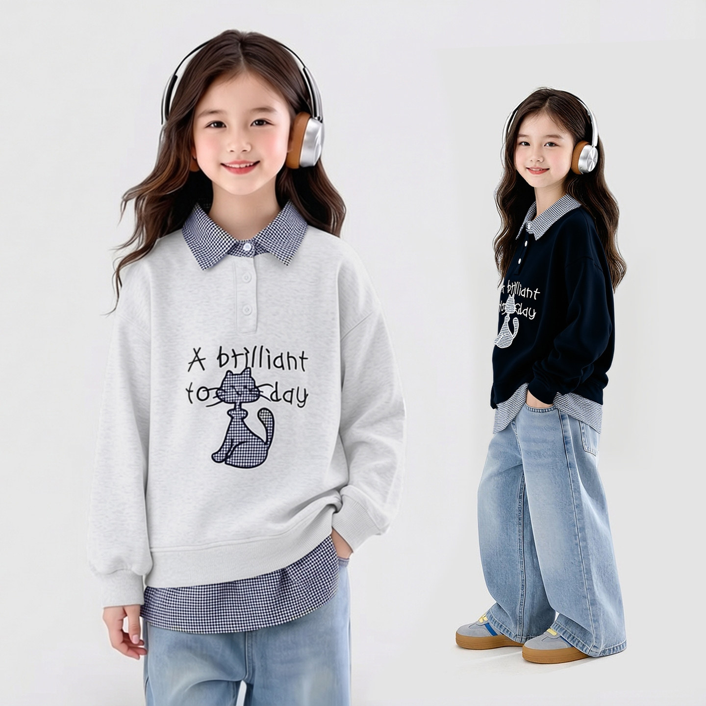 女童假两件格纹拼接卫衣2026春季中大童烫钻牛仔裤设计感宽松套装,童装/婴儿装/亲子装,套装,淘宝优惠券,粉丝福利购,淘宝优惠卷