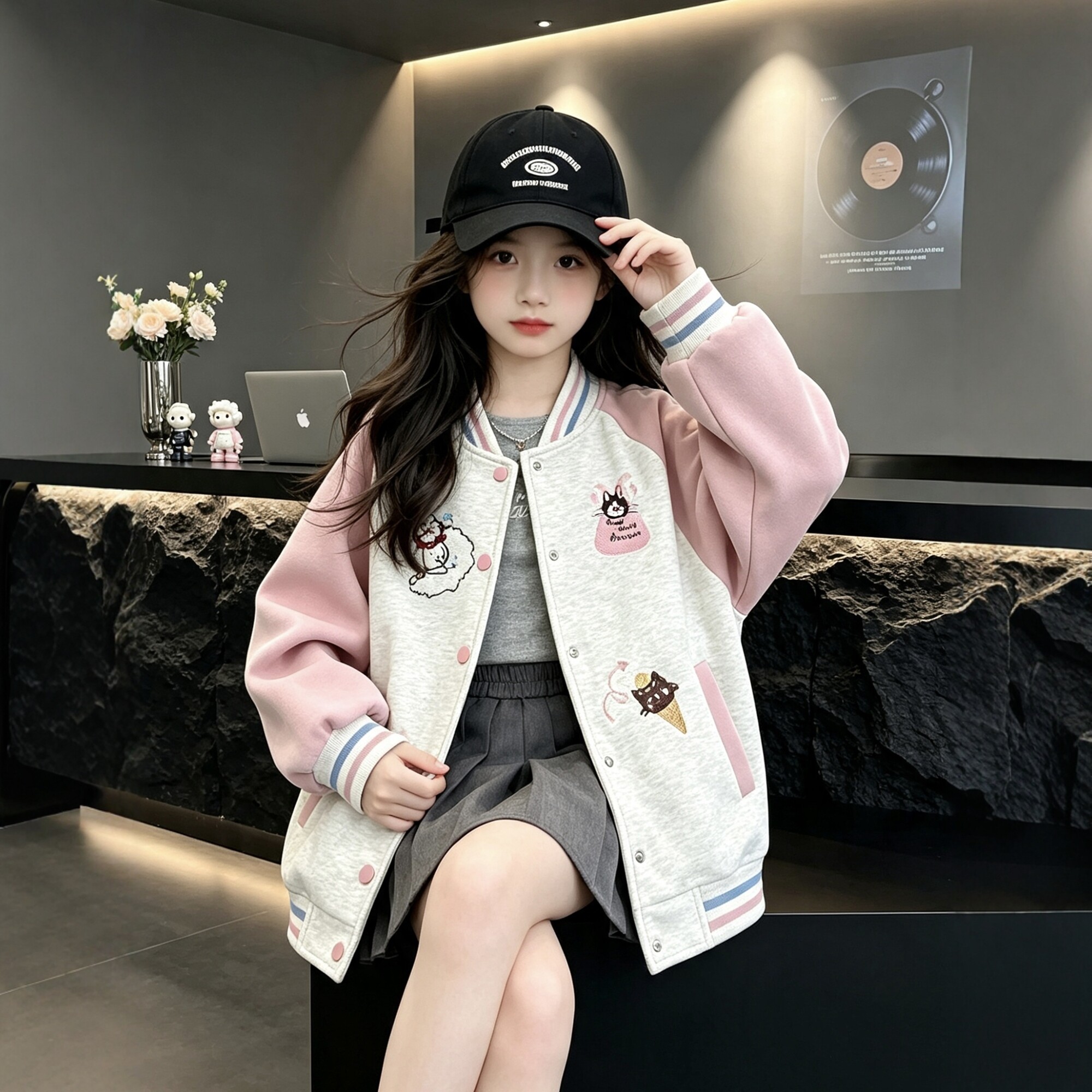 甜美可爱风女童棒球服外套2026春秋款卡通中大童刺绣撞色拼接上衣
