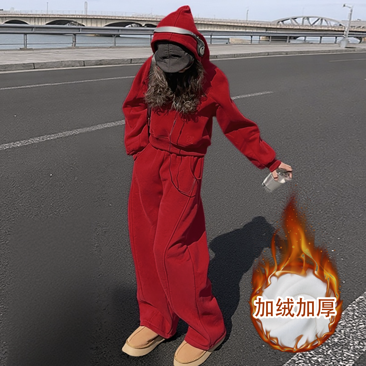 女童红色一体绒加厚卫衣运动套