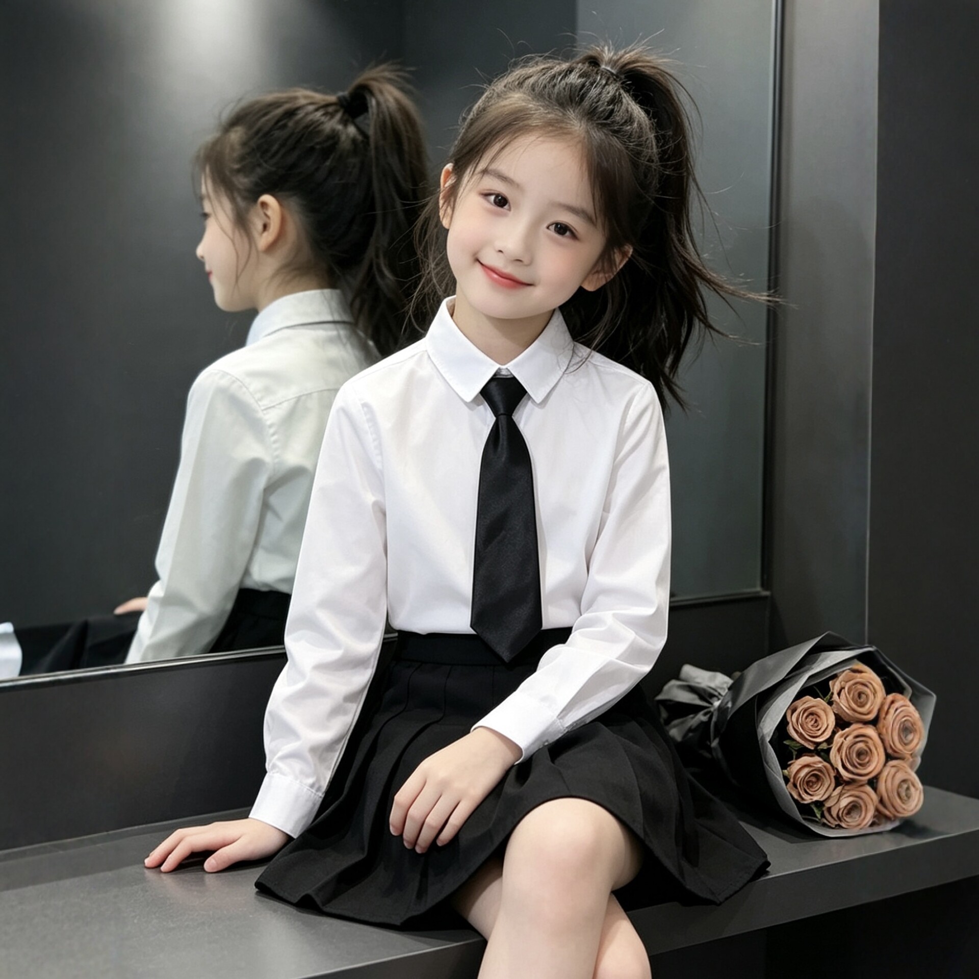 女童学院风白衬衫黑领带套装2026春夏新款中大童洋气百褶裙三件套