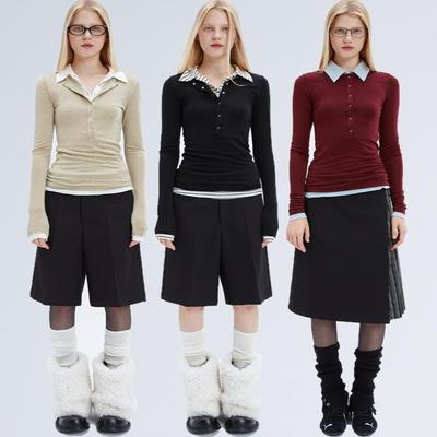 长袖撞色天丝羊毛翻领打底衫