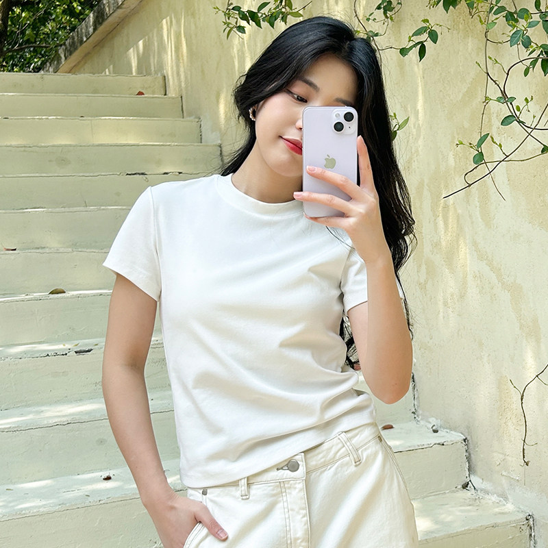夏季紧密罗纹圆领正肩短袖上衣 柔软舒弹百搭修身透气显瘦女士T恤