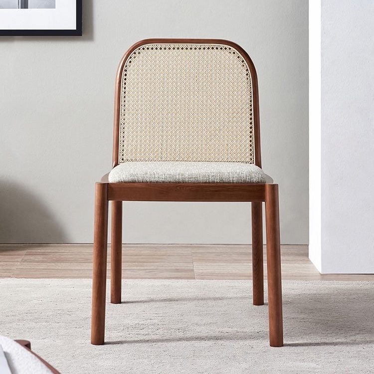 家用实木餐椅日式中古酒店靠背椅休闲简约原木藤编椅藤椅复古椅子