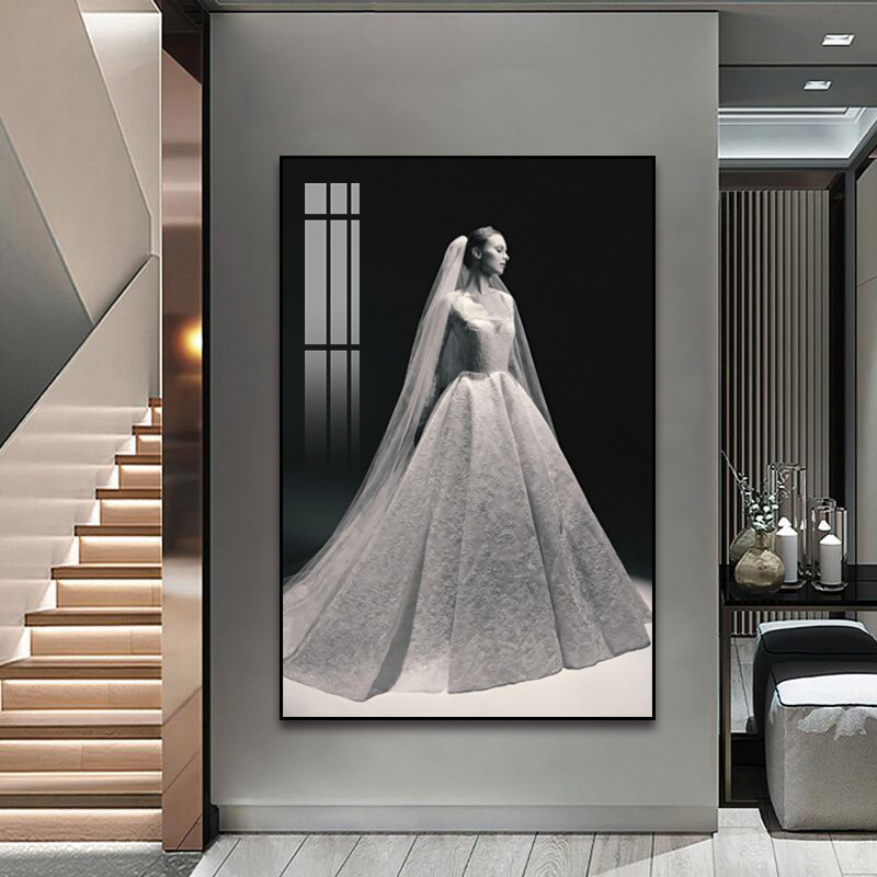 婚纱店装饰画美女白色蕾丝花嫁手绘设计稿元素壁画影楼摄影店挂画