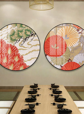 日式画原木风玄关挂画和风花纹圆形画日料寿司店榻榻米居酒屋壁画