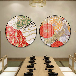 日式画原木风玄关挂画和风花纹圆形画日料寿司店榻榻米居酒屋壁画