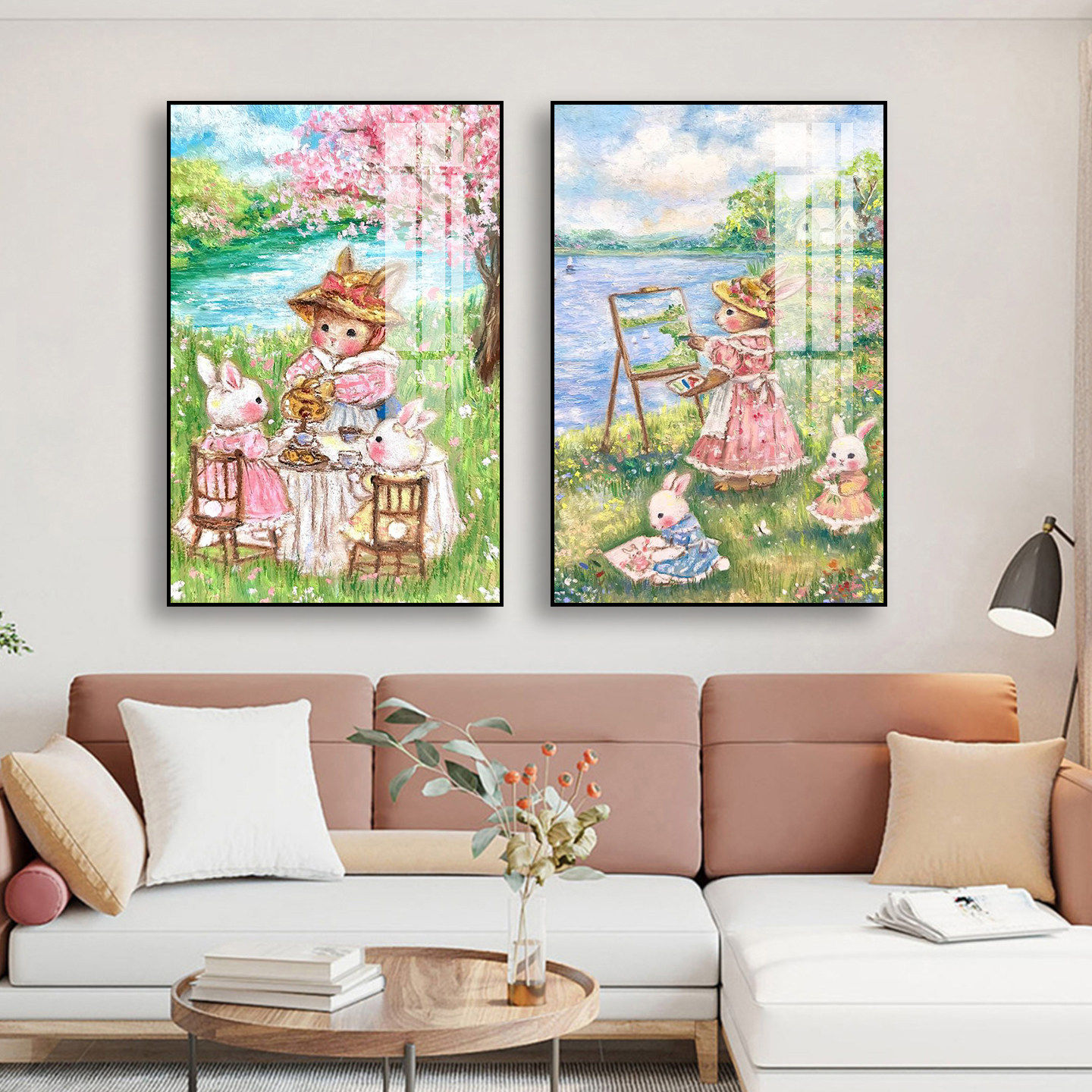 治愈油画小兔子装饰画儿童房女孩卧室挂画书房婴儿房花海草地壁画