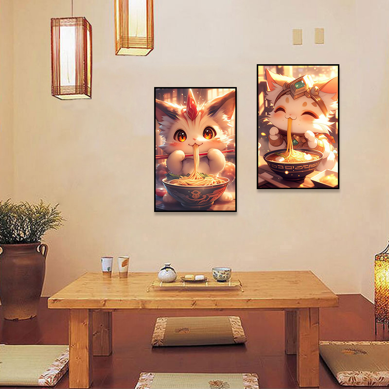 日式拉面馆装饰画治愈系卡通动物挂画和风餐馆饭店可爱狐狸壁画图片