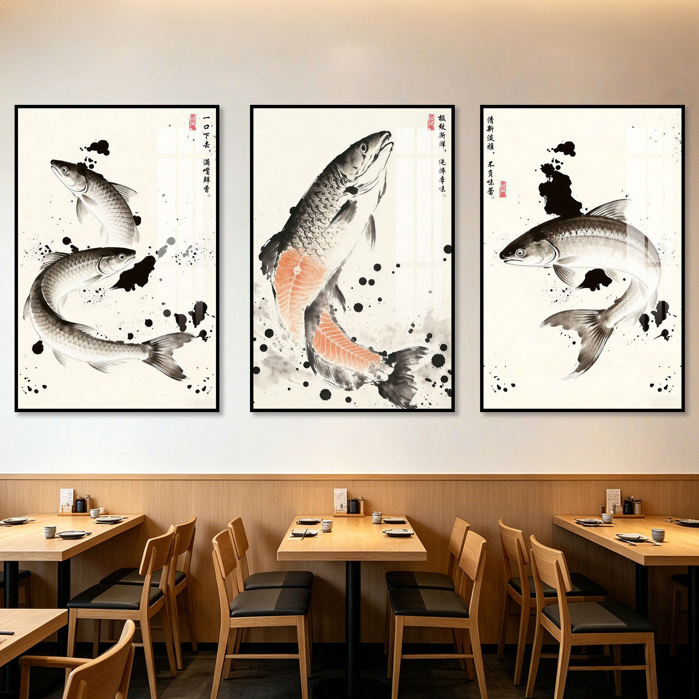 水墨风三文鱼装饰画日式寿司刺身料理店壁画日本榻榻米餐厅挂画