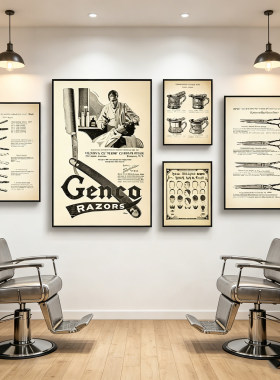 Barbershop男士油头理发店挂画美发店背景墙装饰画老式剃刀剪刀画