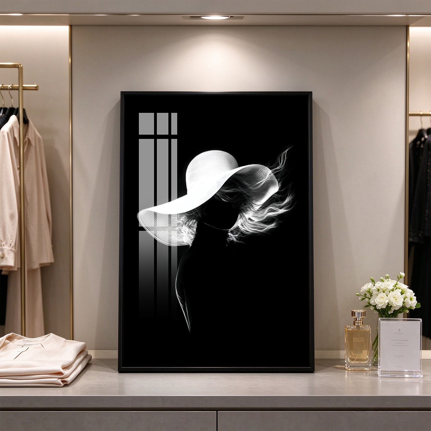 北欧小众黑白人像装饰画轻奢服装店化妆间戴帽女士挂画酒店客房画