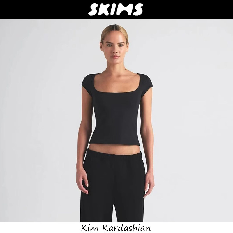 官方正品美国Skims短袖卡戴珊Cotton系列修身U领t恤修身纯色上衣
