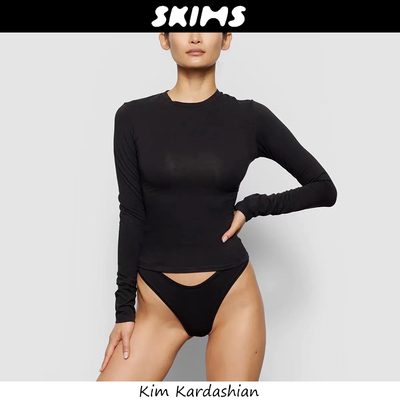 Skims冰丝长袖卡戴珊圆领T恤上衣