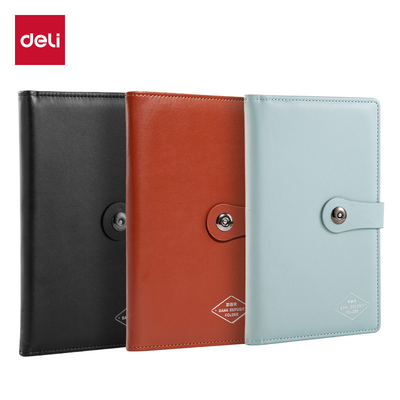 得力定期存折银行票据夹存单收纳本高端皮革带密码锁防水支票卡类发票专用收纳册存款凭证收纳包