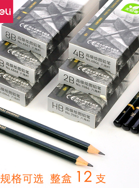 12支装得力铅笔2B绘图绘画素描铅笔HB/2H学生写字考试考级美术4B6B8B10B12B手绘速写铅笔套装