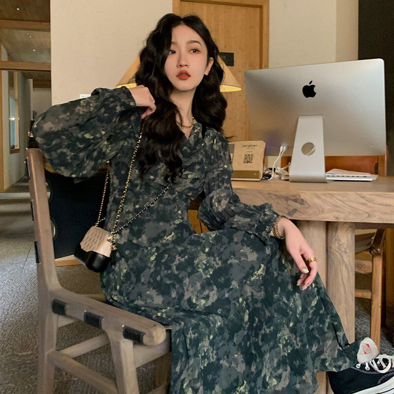 速发任小艺Lit e mode高级感复古绿裙碎新连衣色春秋款2022年花款