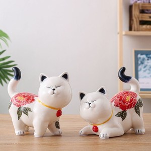 速发客厅装家品居迁猫咪陶瓷摆件玄关电视柜工饰乔装饰品送礼工艺