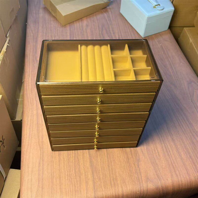 速发八层耳针耳环饰收纳盒胡桃木纹多功能收纳首饰盒