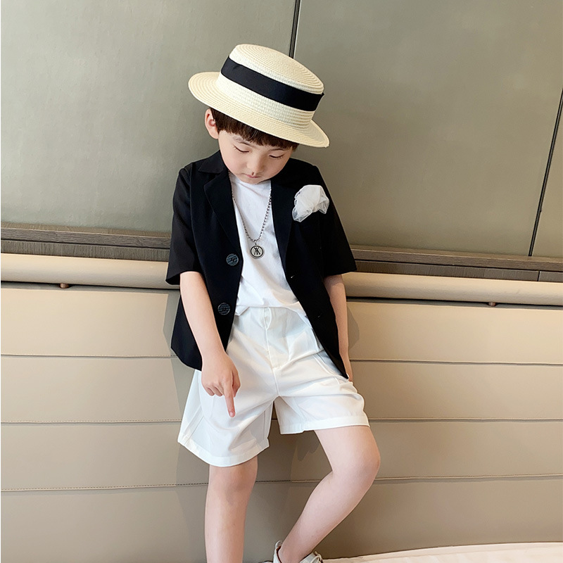 速发夏季男童套装帅气潮休闲短裤小西服儿童时髦模特走秀