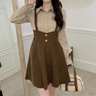 速发微大码早学法式春院风格复古假两件背带长袖小褶子百个连衣裙