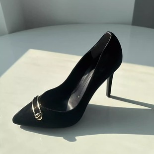 STELLA LUNA新款尖头金属扣细高跟女士名媛单鞋浅口女鞋黑色秋季
