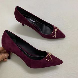 STELLA LUNA女鞋高跟单鞋细跟金色蝴蝶结尖头 羊反皮磨砂夏季新款