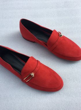 STELLA LUNA乐福鞋单鞋圆头红色女鞋反羊皮磨砂扣子平底羊绒低帮